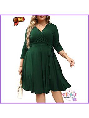 Plus Size Midi Dress V-Neck Ruffle 3/4 Sleeve Tie Waist Pockets Casual